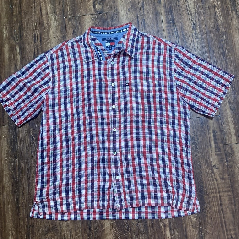 Tommy Jeans XXL Mens Cotton Striped Gridprint‎ Button Up Short Sleeve Shirt Mens